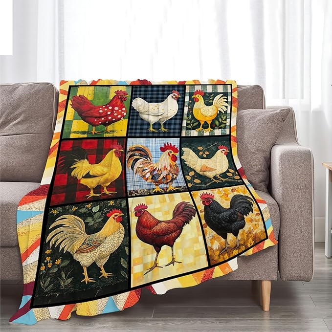 Rooster Blanket, Chicken Throw Blanket, Farmhouse Rooster Gifts Blankets Stuff Fleece Flannel Plush for Women Men Boys Girls Lovers Adults Soft Bedding Gift for Sofa Bed Office Home Decor 80"x60"