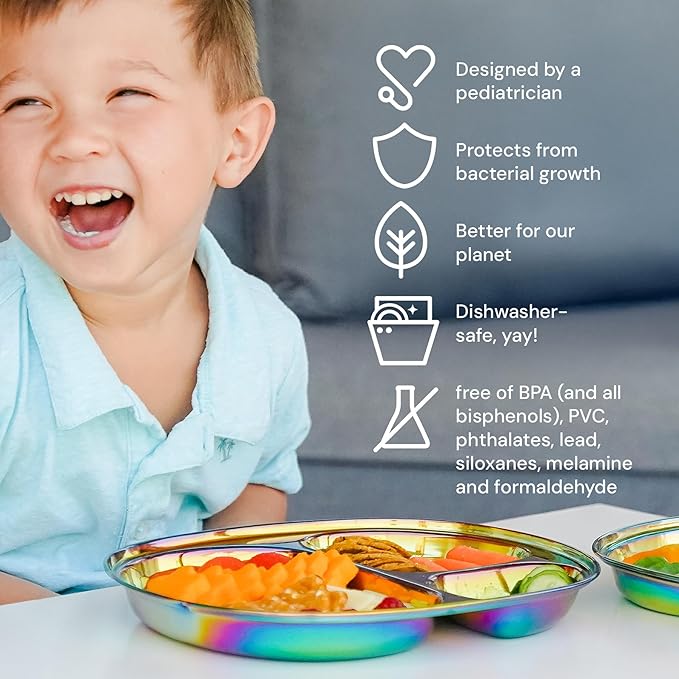 Ahimsa Stainless Steel Kids Plate, Pediatrician Designed Divided Toddler & Baby Plates, Non Toxic, Unbreakable & Dishwasher Safe, Rainbow