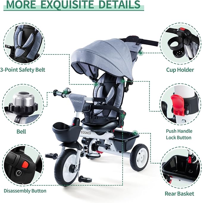 Baby Trike, 6-in-1 Kids Tricycle with Adjustable Push Handle, Removable Canopy, Safety Harness for 18 Months - 5 Year Old(Light Grey)