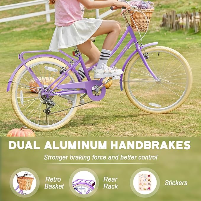 Glerc 20 24 26 Inch Beach Cruiser Bike, 6-Speed Hybrid City Bicycle for Girls Youth and Over 6 Years Old, Missy Bike with Wicker Basket & Lightweight, Multiple Colors