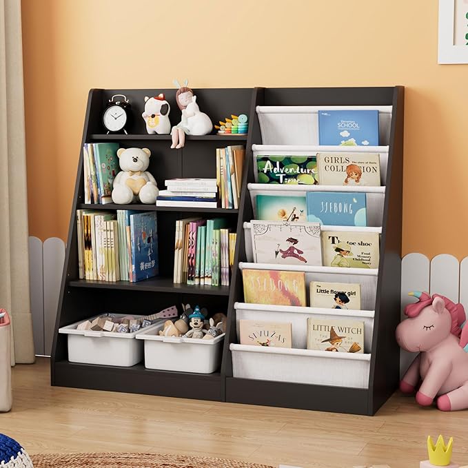Black Kids Bookshelf Wood Toy Storage Organizer Cabinet Children Bookcase Toddler Baby Sling Book Rack Adjustable Shelf for Playroom Bedroom Nursery Hallway School Kindergarten