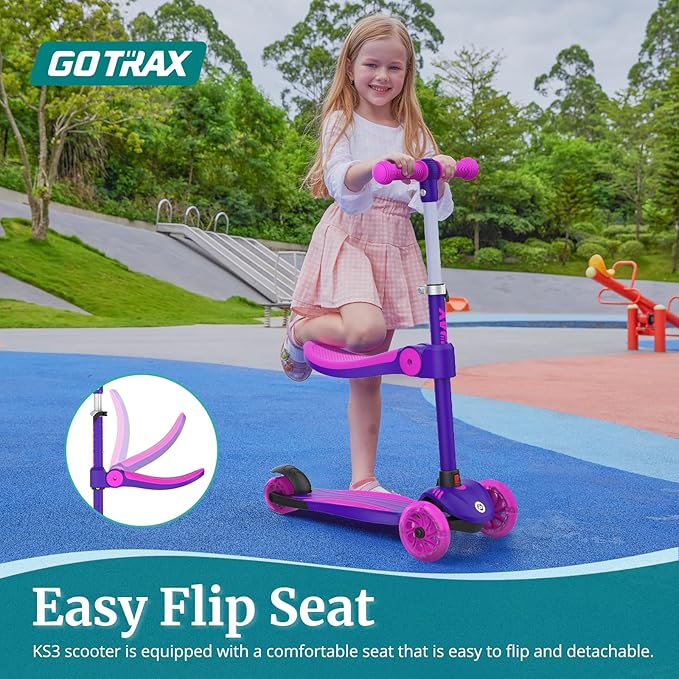 Gotrax KS3 Kids Kick Scooter, LED Lighted Wheels, Adjustable Height Handlebars and Removable Seat, Lean-to-Steer & Widen Anti-Slip Deck, 3 Wheel Scooter for Kids Ages 2-8 and up to 100 Lbs