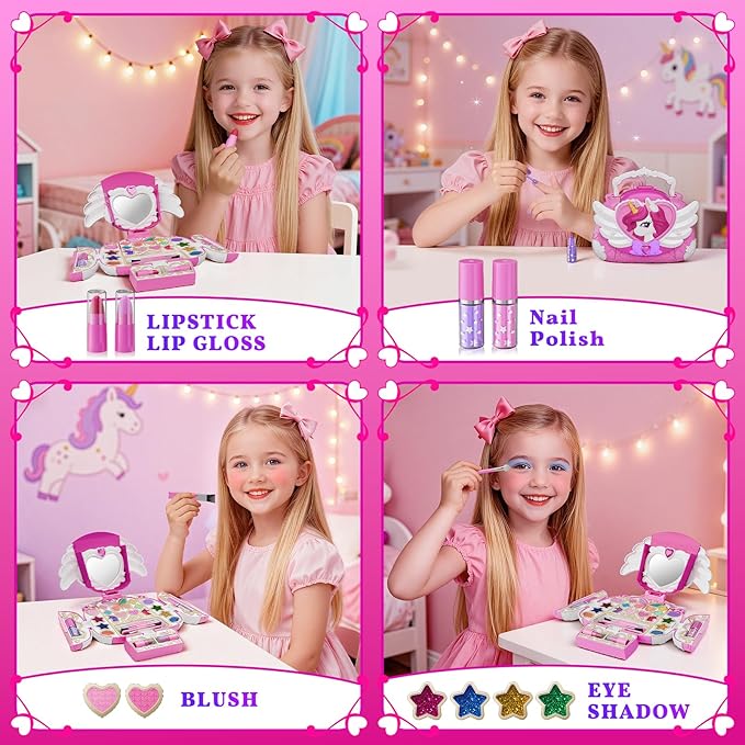 Unicorn Kids Makeup Kit with Mirror & Strap, Real Washable Make Up Set Princess Toys Unicorn Toys for Girls Age 4-6 5-7 6-8 8-13,Girls Toys Stocking Stuffers for Kids,Birthday Gifts for 3-12 Year Old