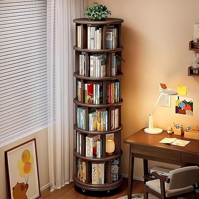 6 Tier Rotating Bookshelf 360° Solid Wood Spinning Book Shelf Tower on Wheels Rolling Revolving Bookcase for Small Spaces, Corner, Bedroom, Kids Room, Office — Walnut