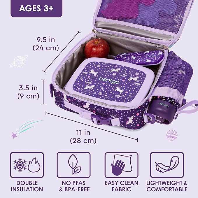 Bentgo Kids Lunch Bag - Durable, Double-Insulated Lunch Bag for Kids 3+; Holds Lunch Box, Water Bottle, & Snacks; Easy-Clean Water-Resistant Fabric & Multiple Zippered Pockets (Unicorn)