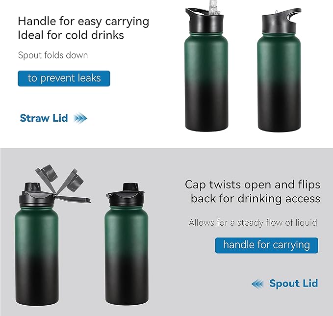 VEGOND 32 oz Insulated Water Bottle Stainless Steel Metal Water Bottles with Leak Proof Straw Lid & Spout Lid, Wide Mouth Double Walled Vacuum Travel Sports Bottle, Dark Green Black