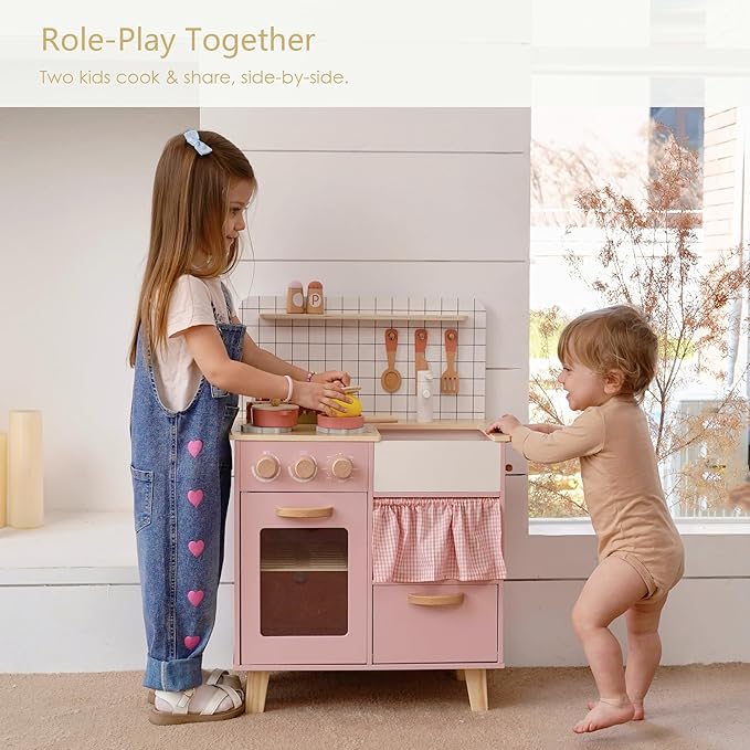 Pink Wooden Play Kitchen with Realistic Features & Accessories, Pretend Cooking Toy for Kids 3+, Ideal Gift for Toddler Boy and Girls