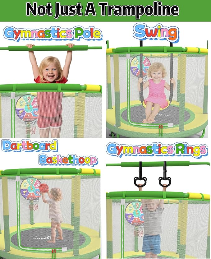 LANGXUN 60" Trampoline for Kids, 5ft Toddler Mini 6-in-1 Trampoline Indoor Outdoor with Swing, Basketball Hoop, Dart Board, Rings, Christmas Toys Birthday Gifts for Girls Boys