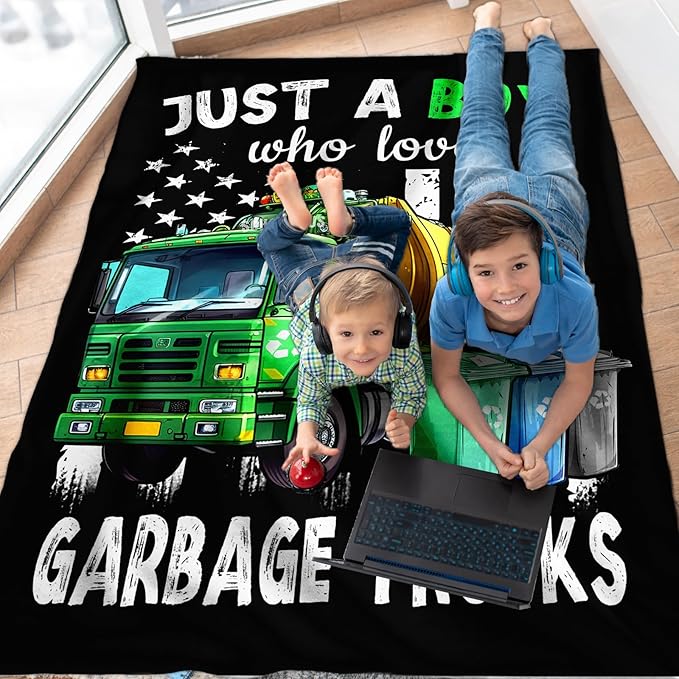 Garbage Truck Blanket for Boys - 30x40 Inches Cute Throw Blanket Gifts for Kids Truck Lovers - Black Soft Fuzzy Car Blankets for Sofa Couch Bed