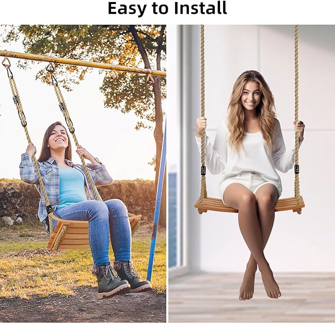 PELLOR Hanging Wooden Swing, Tree Swings for Adults/Kids with 440lbs Load, Curved Swing Seat 22.8"x 9.8"x 0.6", Adjustable Rope Swing Plus Size Tree Swing Set for Indoor and Outdoor