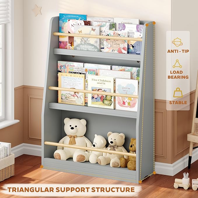 Kids Bookshelf, 3-Tier Montessori Book Shelf Organizer for Books and Toys, Toddler Bookshelf for Bedroom, Living Room, Playroom, Classroom, Nursery - Gray
