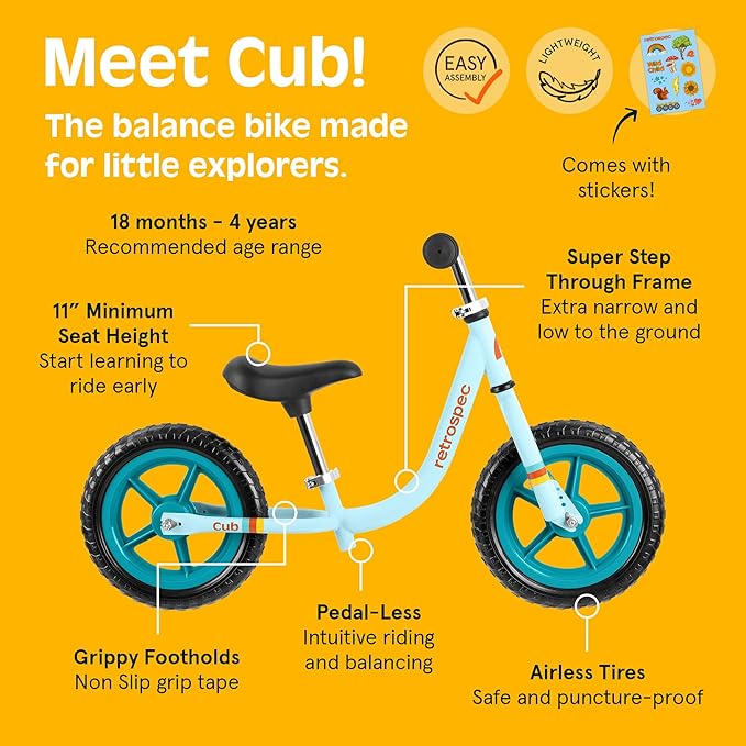 Retrospec Cub Toddler Balance Bike for Ages 18 Months - 3 Years - 12in No-Pedal Beginner Bicycle with Adjustable Seat, Puncture-Proof Tires & Safe Low Frame Design