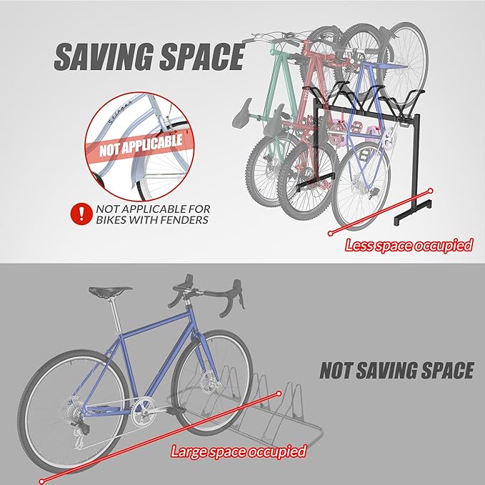 3 Bikes Floor Stand, Adjustable Bicycle Parking Rack with Hook for Garage, Indoor, Outdoor, Metal Cycle Storage Organizer Rack for Mountain, Road and Kids Bikes, Max Tire Width 2.5”, Black