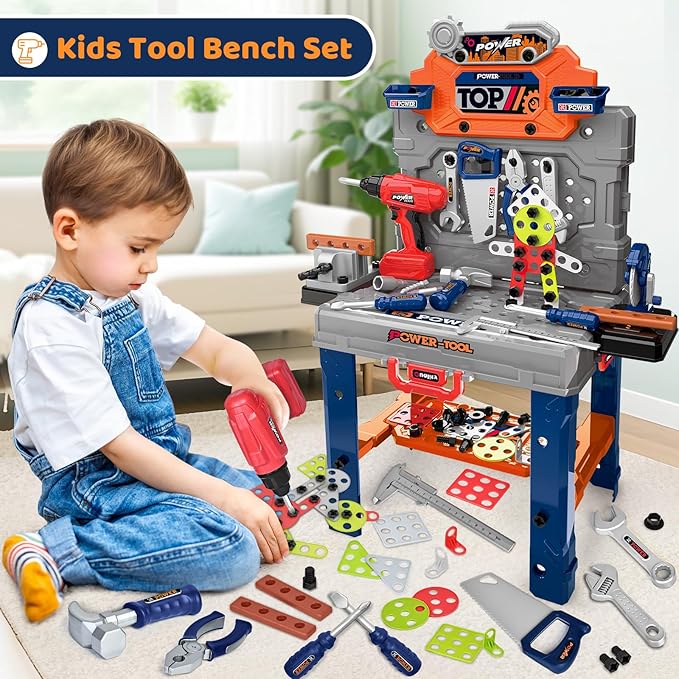 Kids Tool Bench with Realistic Electric Drill, 132 PCS Toddler Tool Set, Birthday Toys for Kids Ages 3 4 5 6 7 8, Toddlers Tool Box & Workbench, Kid Tools Set for Boys Girls 3-5 6-8