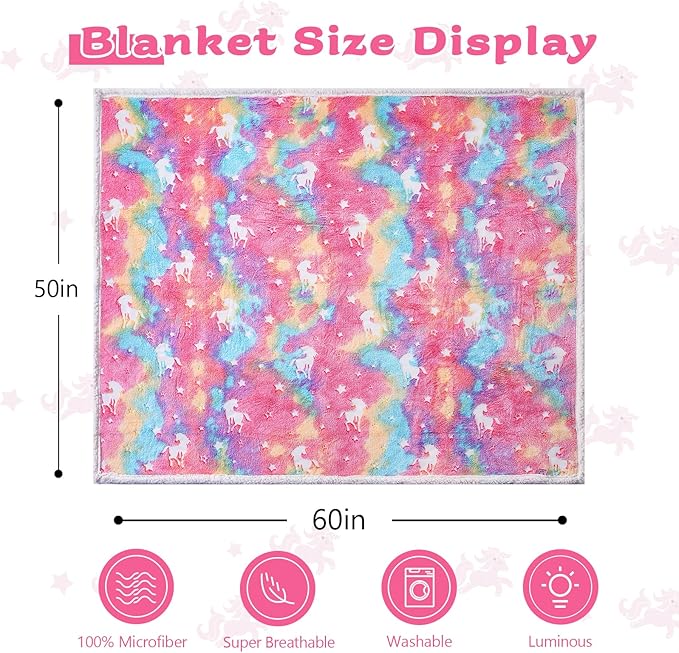 QSTEHEML Unicorns Glow in The Dark Blanket,Unicorn Gifts Sherpa Fleece Throw Blanket for Girls Age 3-12 Year Old, for Teens- Christmas Birthday Bedroom Decor 50"×60"