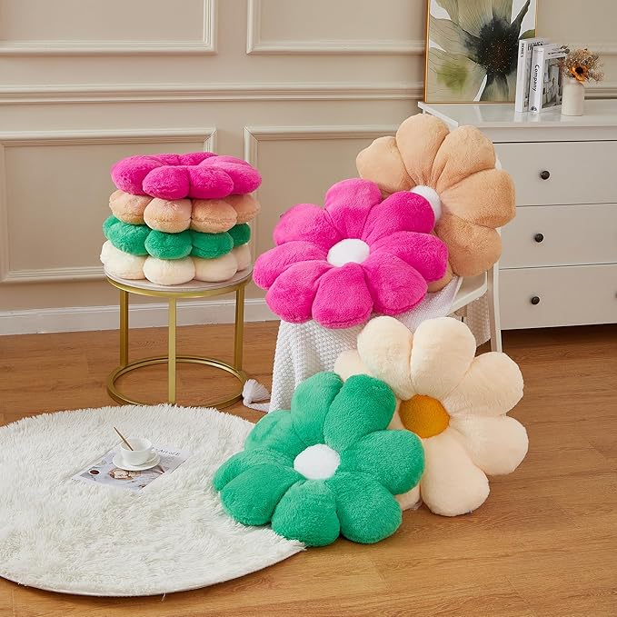 20" Large Peach Flower Pillow Seat Cushion – Faux Rabbit Fur Plush Throw Pillow, Cozy Floor Cushion & Gift for Kids Girls Adults