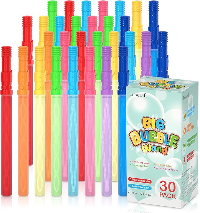 Inscraft 30 Pack 14’’ Big Bubble Wands, 8 Colors Bulk for Summer Toy, Outdoor / Indoor Activity Use, Easter, Birthday, Graduation, Shower, Bubbles Party Favors Supplies for Kids Toddlers
