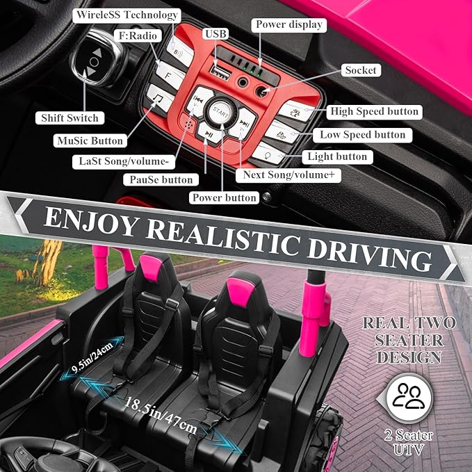 OTTARO 2 Seater Ride on Car Truck,24V Electric Vehicle Car for Kids 3-8 Years,200W Motors,4 Shock Absorbers, Music Play,Bright Light, Remote Control(Pink)