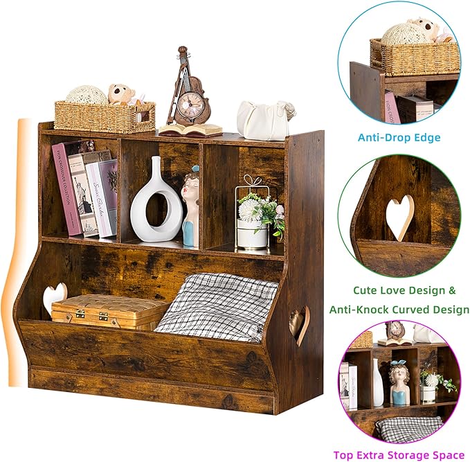 Lerliuo Kids Toy Storage Organizer, Children Small Bookcase and Bookshelf, Toddler 4 Cubby Toy Storage Cabinet, Toy Shelf for Playroom, Bedroom, Living Room, Nursery, School 29.53'' H (Brown)