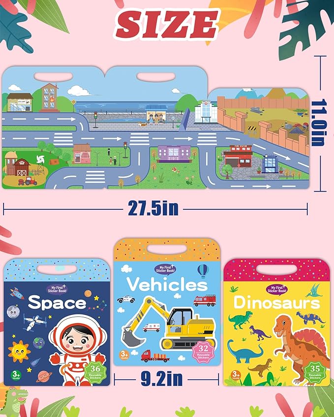 Benresive Reusable Sticker Book for Toddlers 2-4 Years, 3 Sets Travel Stickers for Kids, Waterproof Sticker Books for Toddlers 1-3, Crafts Activities for Todddlers 1-3 2-4 3-5