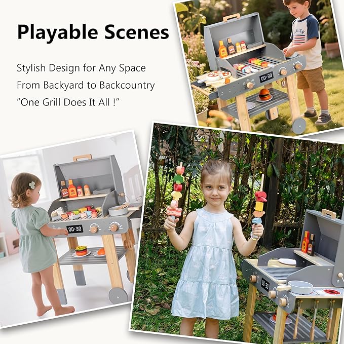 Wooden Kids Grill Playset – Realistic Play Barbecue Set with Grilling Tools and Foods – Pretend Grill Toy for Kids Ages 3+