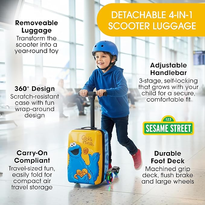 KIDDIETOTES Sesame Street 4-in-1 Detachable Scooter Luggage for Kids – Cookie Monster – Ride-On Suitcase with Removable Luggage Body, Adjustable Handlebar, Durable Deck & Brake – Carry-On Travel Bag