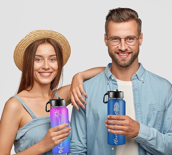 Custom Water Bottle with Birth Month Flower Personalized Water Bottles with Straw Lid Stainless Steel Customized Text Name Double Wall Insulated Cup Birthday Gifts for Kids Women Men Sports