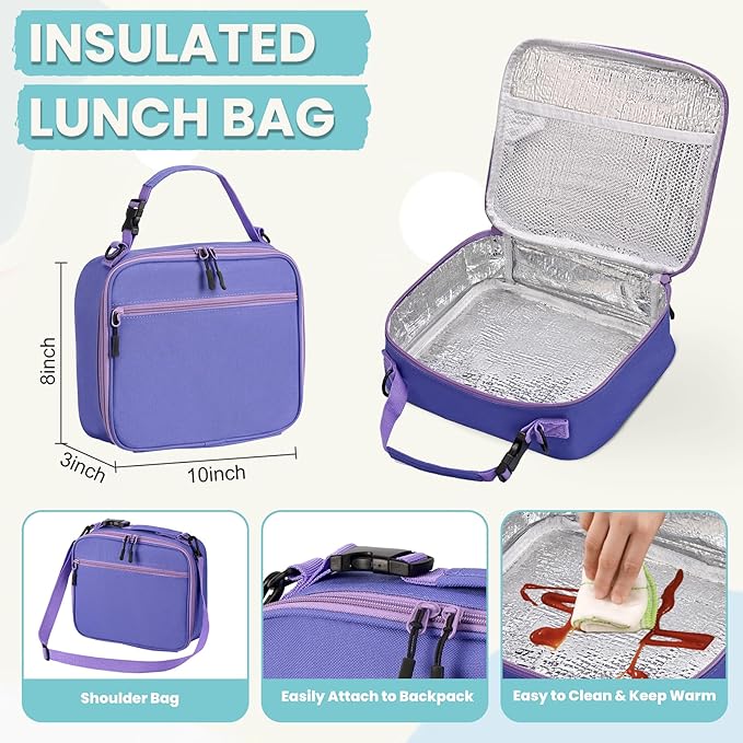 PIQUEBAR Kids Lunch Bento Box with 8oz Thermo Ice Pack Food Container with Insulated Lunch Bag, Insulated Water Bottle with Straw for Girls Boys, (A-Purple)