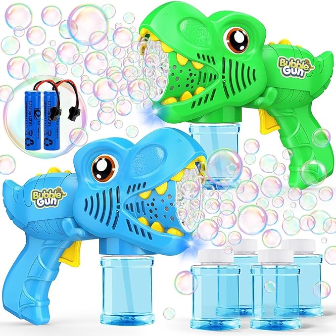 Kids Bubble Gun 2 Pack Dino Bubble Machine Gun for Toddlers with 4 Solutions Automatic 13-Hole Bubbles for Kids Blower Maker Easter Basket Essentials Stocking Stuffers Gift Party Favors for Boys Girls