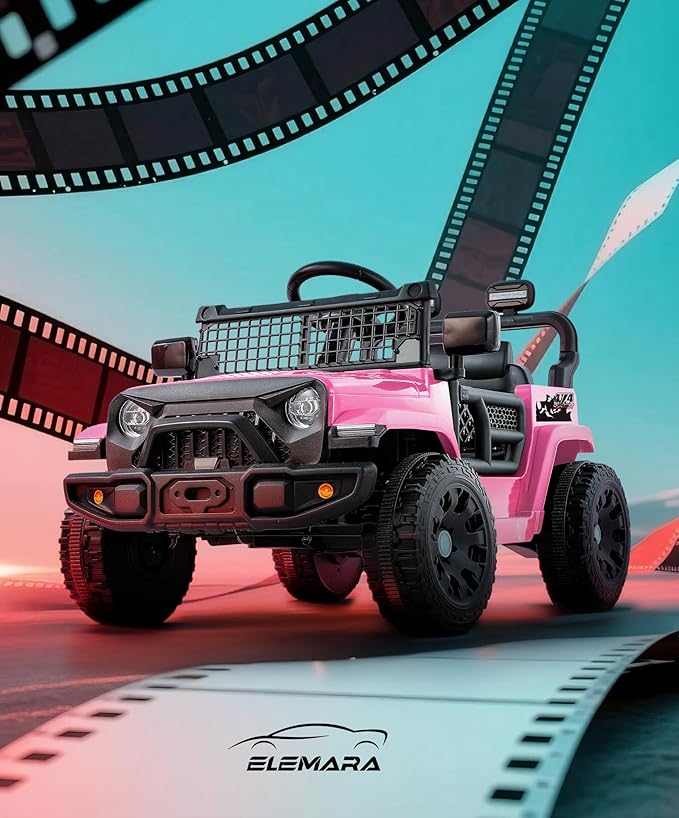 ELEMARA Kids Ride on Car, 12V Ride on Toys w/Remote, Electric Cars for Kid w/Bluetooth, LED Lights, Battery Car for Toddlers, Battery Powered Off-Road Vehicle w/Shock Absorbers, Kids Driving Car-Pink