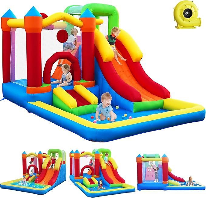 6-in-1 Bounce House with Climbing Wall, Slide & Ball Pit, Inflatable Bouncy Castle with Blower & Basketball Hoop for Backyard, Playground for Kids Toddlers Ages 3-12 (12.5′D x 8.6′W x 7′H)