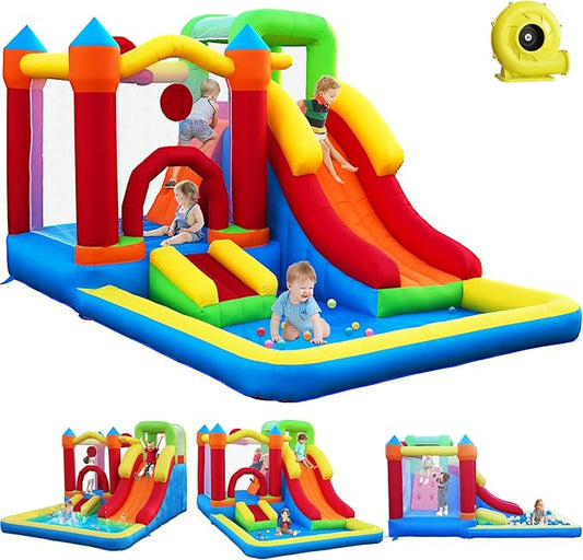 6-in-1 Bounce House with Climbing Wall, Slide & Ball Pit, Inflatable Bouncy Castle with Blower & Basketball Hoop for Backyard, Playground for Kids Toddlers Ages 3-12 (12.5′D x 8.6′W x 7′H)