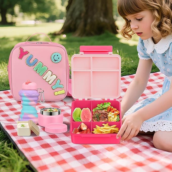 Bento Lunch Box with 10oz Soup Thermo for Kids Insulated Lunch Bag & Foldable Silicone Cup Food Leak Proof Food Container with 5 Compartment for Kid to Shool Travel