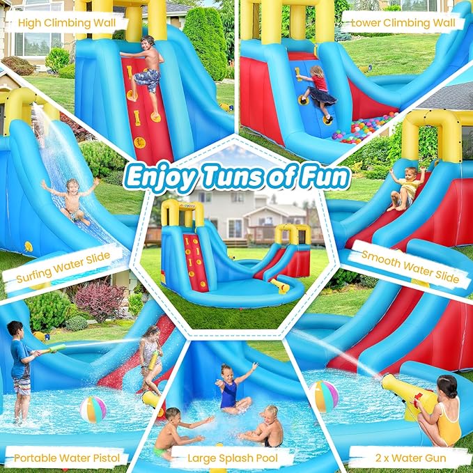 WHUBEFY Inflatable Water Slides for Kids - Blow Up Water Park with Climbing Wall, Water Gun, 2 Pool Slides