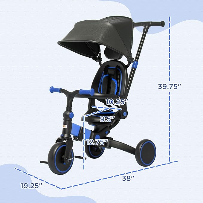 Qaba 3-in-1 Toddler Trike, Push Tricycle, & Balance Bike with Adjustable Settings, Toddler Push Bike, Baby Bike with Shady Canopy, Ages 1.5-4, Blue
