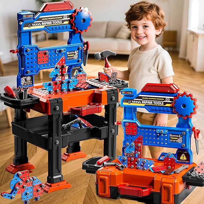 Kids Tools Toy Sets for Aged 3 4 5 6 7 8, 2 in 1 Workbench Toys for Toddlers 3-5, Pretend Play Toolbox, Construction Mechanic Set with Sound, Educational Birthday Gift for Boys Girls Ages 3-8