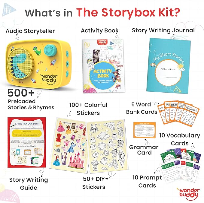 WonderBuddy Kids Story Box Audio Player, 500+ Preloaded Stories & Rhymes, Story Writing DIY Art Kit, Voice Recorder, Content Upgrade, Bluetooth, Birthday Gift for Boys Girls 3+ Years- Dino