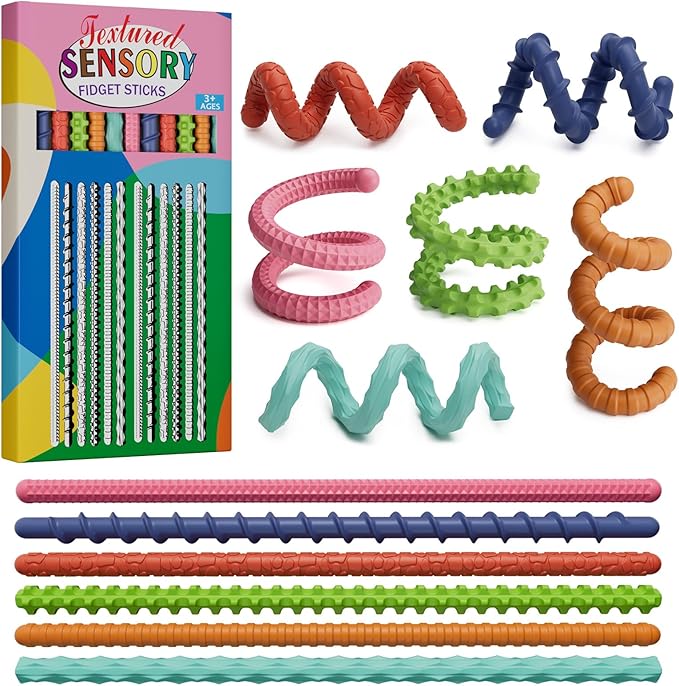 Sensory Fidget Toys for Kids Adults,12PCS Flexible Fidget Sticks for Stress Anxiety Autistic ADHD, Calm Down Travel Airplane Essentials Toys, Stuffers for Teens Kids