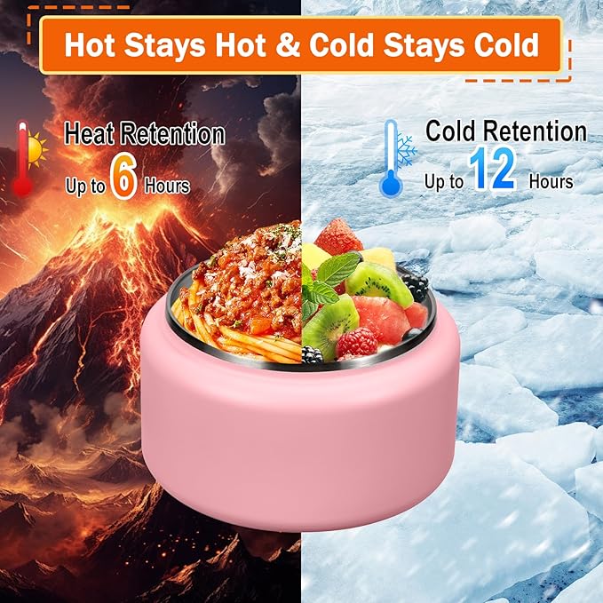 13.5oz Kids Jar for Hot Food, Insulated Vacuum Food Jar with Buckle Lid, Stainless Steel Wide Mouth Leak Proof Insulated Lunch Container for School Picnic Travel,Pink