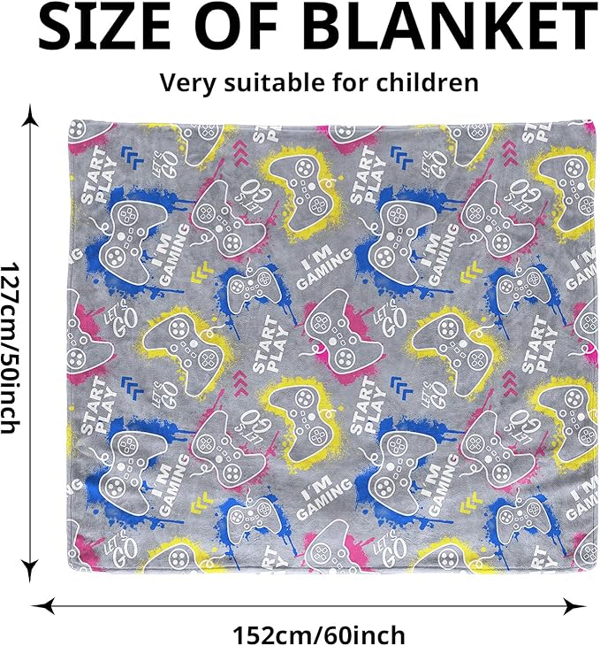 Wesan Gaming Gamer Glow in The Dark Blanket Boys Kids Teens Birthday Christmas Easter Age 1 to 13 Video Game Toys Fun Fluffy Plush Throw 50"x60"