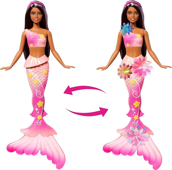 Barbie Mermaid Toy Dolls with Surprise Magic Blooming Flowers Feature, Ombre Tails, Pearl Headband Accessory & Long Brown Hair with Purple Highlights