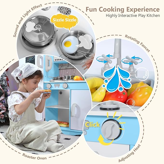 Kinder King Wooden Kids Play Kitchen, Toy Kitchen Playset for Toddler, Pretend Oven, Microwave, Telephone, Chalkboard, Interactive Doors, Knobs, Realistic Kitchen Sets for Boys Girls Age 3+, Blue