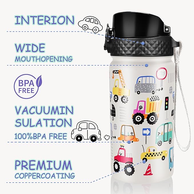 GOPPUS Kids Water Bottle (Straw Lid) - 14 Oz Stainless Steel Travel Bottle, Double Wall Vacuum Leak Proof Kids Cup for School Boys Girls,White engineering car