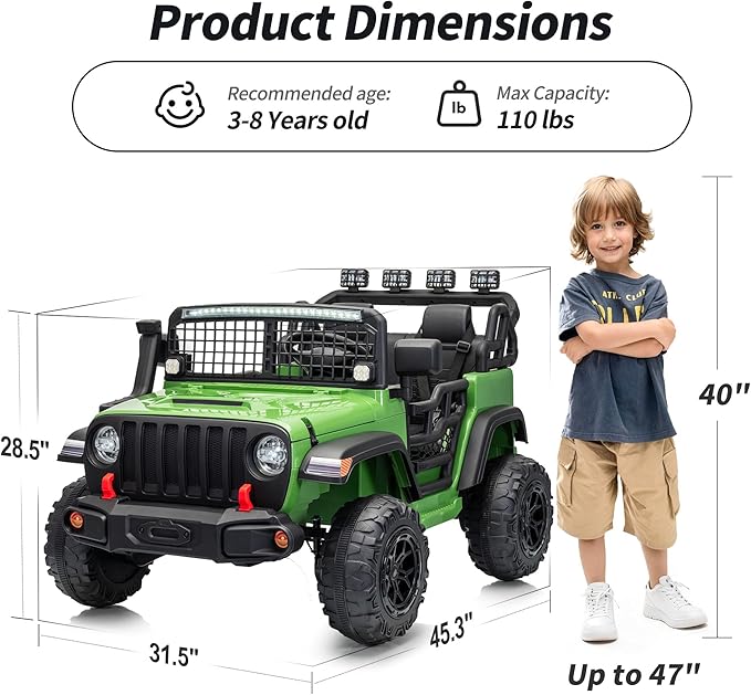 2 Seater Ride on Car Toy, 12V Electric Car for Kids 4-8 with Remote Control, Capacity 110 lb, LED Light - Army Green