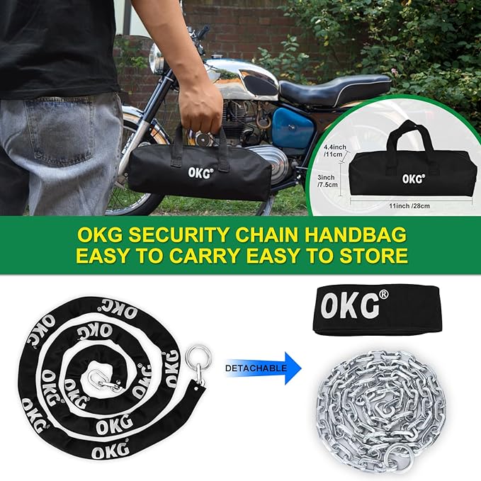 OKG Extra Long Security Chain - 10-Foot x 3/8" Thick Heavy Duty, Eco-Zinc Plated - Uncuttable for Outdoor & Indoor Use - Bike & Motorcycle Lock Chain - For Two+ 2-Wheeled Vehicles