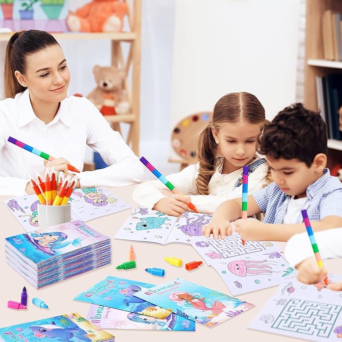 BenLouis 12 Mermaid Mini Coloring Books Kids with 12 Stacking Crayons Little Mermaid Theme Party Favors Small Activity Books Bulk for Kids Ocean Birthday Party Gift Goodie Bag Stuffers