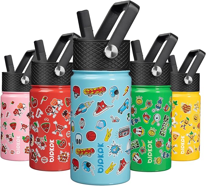 BJPKPK Insulated Water Bottle with Straw Lid, 15 oz Stainless Steel Metal Water Bottles, Reusable Leak Proof BPA Free Water Bottles, Cups, Thermo, Playground
