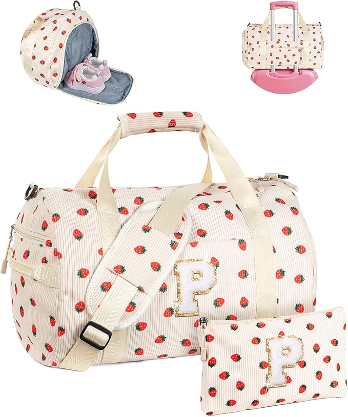 Trendy Stuff for Teens, Girls Gym Bag, Kids Personalized Weekend Duffel Bags with Shoe Compartment, Initial Travel Tote with Makeup Bag, Gift for Sporty Gymnastics Girl (Letter P)