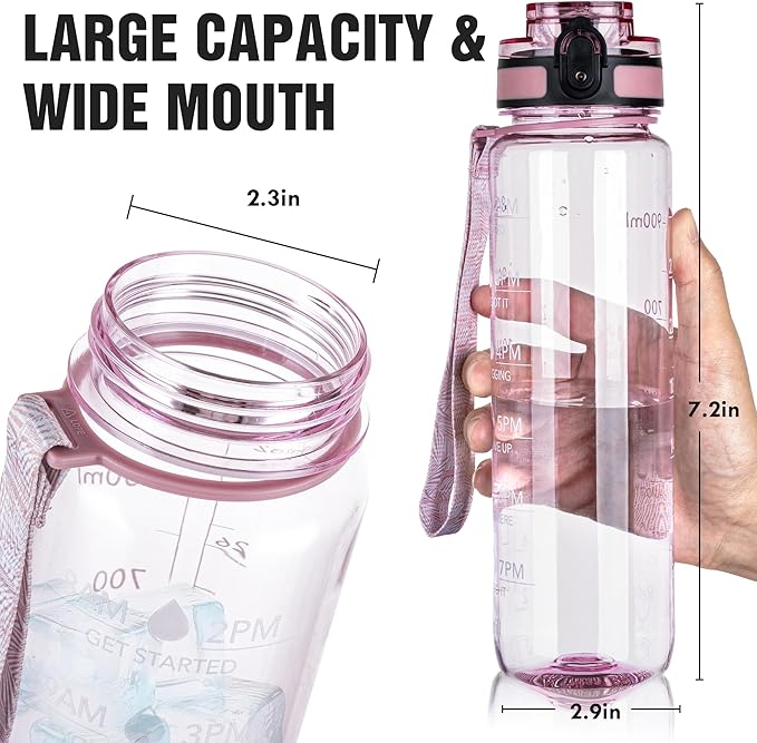 OLDLEY Water Bottle, 32oz Motivational Sports Water Bottle with Time Marker - Times to Drink - Tritan, BPA Free, Wide Mouth Leakproof,Clear Pink