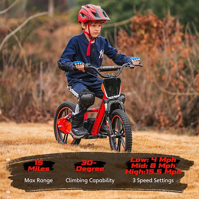 OLALA Electric Dirt Bike for Kids Aged 5-10, 500W Professional Version, Racing Grade Electric Motorcycle, Up to 15.5MPH & 3 Speed Settings, 24V Detachable Battery, 16IN Off-Road Tires